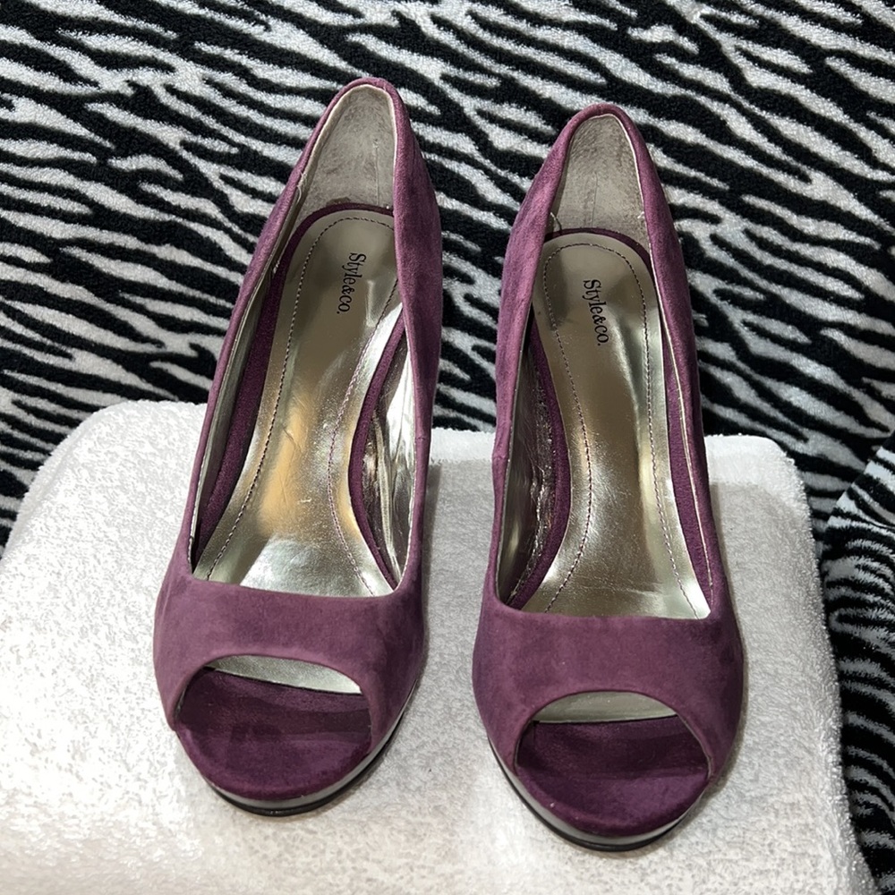 Style & Co Purple Peep Toe Leather Platform Heels Size 8 - Picture 2 of 13